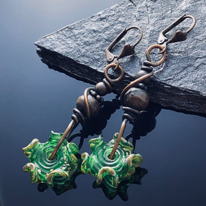 Green Lampwork Copper Earrings
